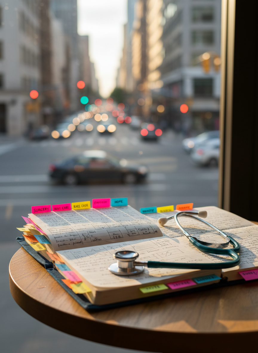 A well-worn, navy-blue medical notebook lying open on a small wooden café table, its pages filled with handwritten notes and colorful sticky tabs marking intense stories. Beside it rests a stethoscope with a slightly scratched metal chestpiece and deep teal tubing, coiled casually. The table is near a large window overlooking a lively city street with blurred traffic lights and distant buildings. Late afternoon sunlight streams in, casting warm highlights on the metal and soft shadows under the notebook. Photographic realism with a playful, candid mood, shot at eye level using a shallow depth of field so the background melts into gentle bokeh, suggesting a blend of medical life and personal, urban chaos.