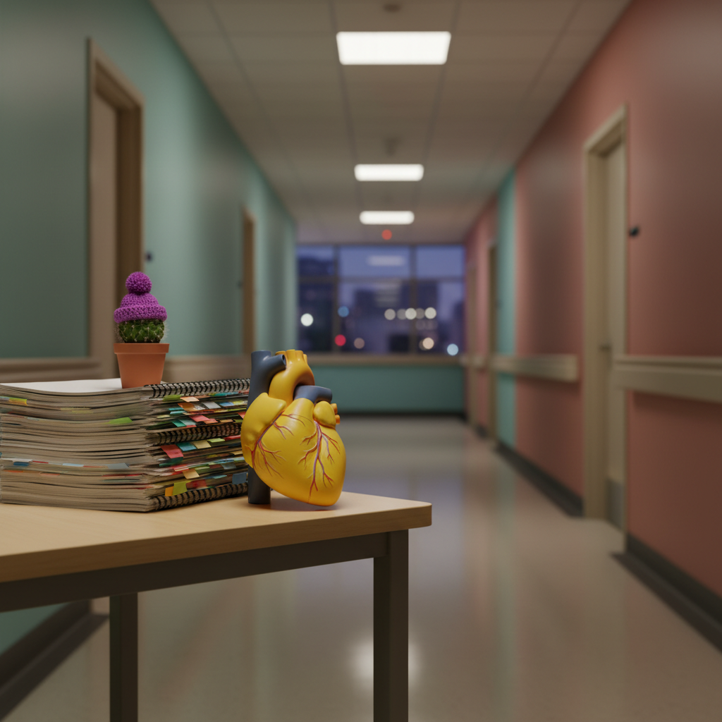 A hospital corridor corner table holding a mismatched collection of objects: a bright yellow plastic anatomical heart model, a stack of dog-eared patient charts, and a tiny potted cactus wearing a miniature knitted hat. The corridor walls are painted a soft pastel, not stark white, avoiding a clinical feel. Warm overhead lighting reflects gently off the polished floor, while a window at the end of the hallway lets in subdued evening city light. Shot in photographic realism from a low-angle, the composition uses the rule of thirds, focusing sharply on the quirky table arrangement while the corridor stretches into a softly blurred distance, evoking the surreal, playful side of long hospital shifts.