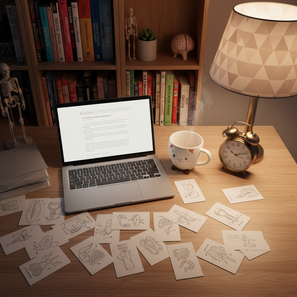 A cluttered yet cozy home desk with a slim silver laptop half-closed, its screen faintly reflecting a draft of a medical blog post. Around it are scattered index cards with small anatomical sketches, a ceramic mug shaped like a cartoon heart, and a vintage alarm clock frozen at a dramatic time. Soft, diffused evening light from a nearby lamp with a patterned shade warms the scene, creating gentle shadows. The background shows an out-of-focus bookshelf filled with colorful medical textbooks and quirky trinkets. Photographic realism, captured from a slightly elevated angle, emphasizes the playful chaos and creative energy of late-night medical storytelling, with a calm yet slightly eccentric atmosphere.
